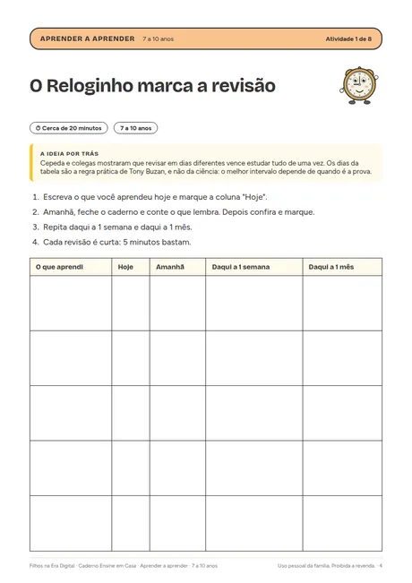 Página de atividade do caderno Aprender a aprender