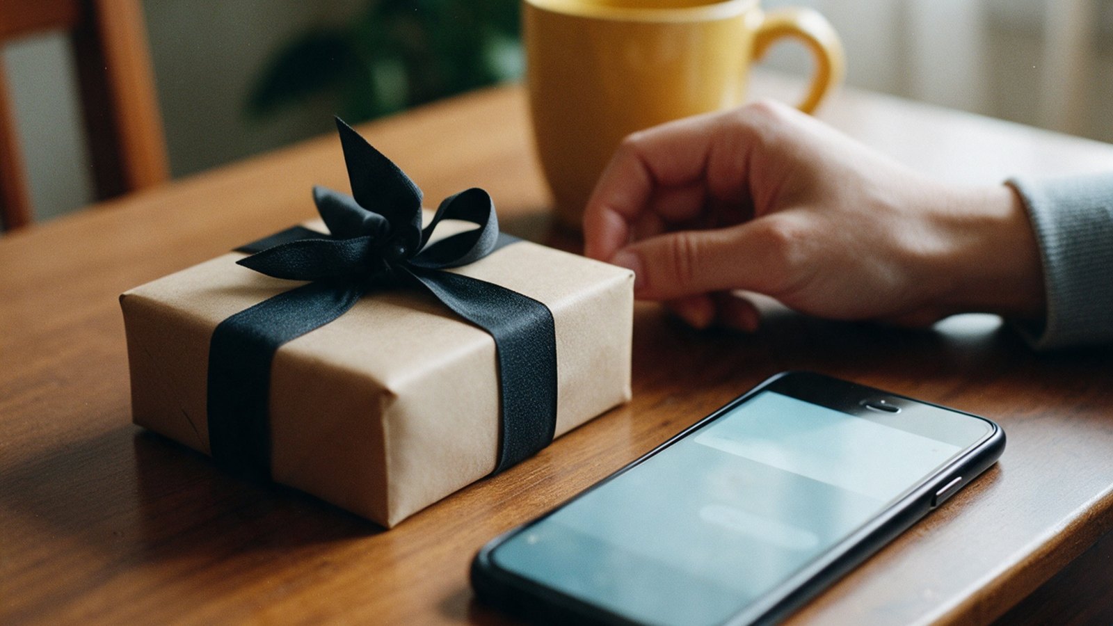 Presente embrulhado ao lado de um celular com notificação sobre uma mesa