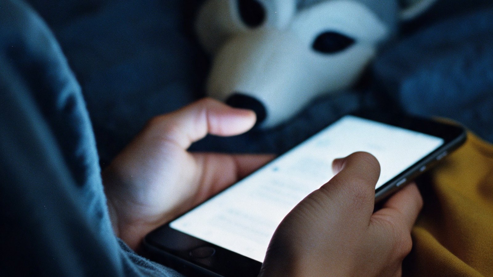 Mãos de um adolescente segurando o celular no escuro, com uma máscara de lobo ao lado